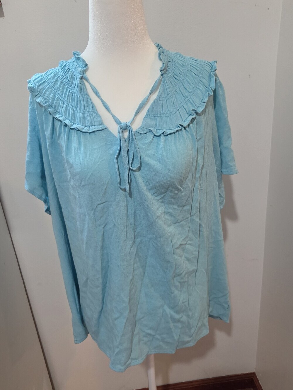 Torrid Feminine Aqua Blue Smocked Ruffle Tie Front Short Sleeve Top | 2X